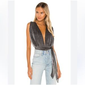 NWT Superdown Priya Black Metallic Cross Back Deep V Bodysuit w Waist Tie - M